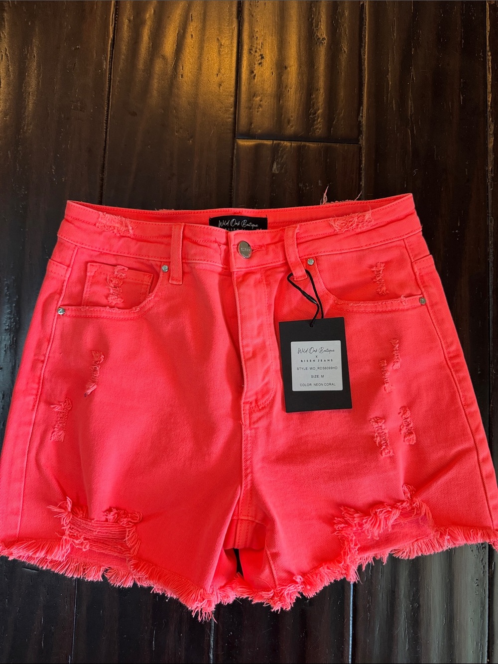 NWT Neon Coral High-Rise Distressed Denim Shorts - Wild Oak Boutique